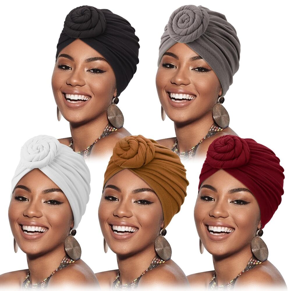 3774 5 Pack Knotted Headwraps African Turban Pre-Knotted Beanie Headwraps